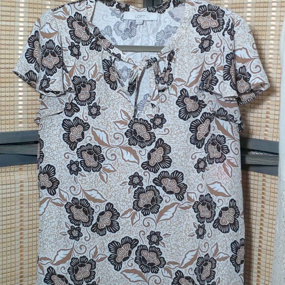 Loft Brown Floral Print Short Sleeve Blouse - Picture 1 of 5